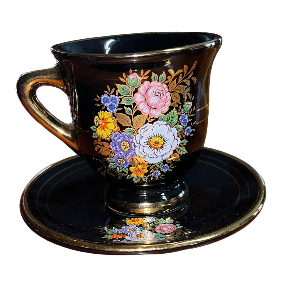 Manousakis Keramik Greece 24K Gold Black Glazed Flat Cup & Saucer Set Floral VTG